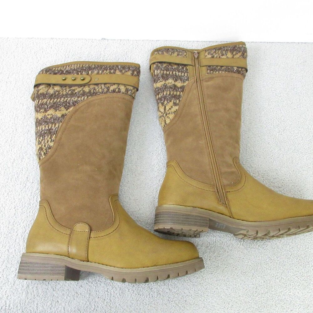 Mukluks Boots Womens 9 Brown Mid-Calf Faux Fur Knit Cuff Zip Lug Sole Warm‎